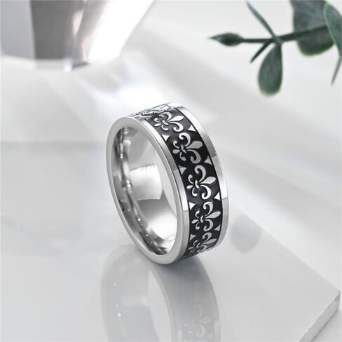 8mm Vintage Fleur-De-Lis Stainless Steel Ring Classic Floral Pattern Band Royal flower/French lily Jewelry for Women Men in Saudi Arabia