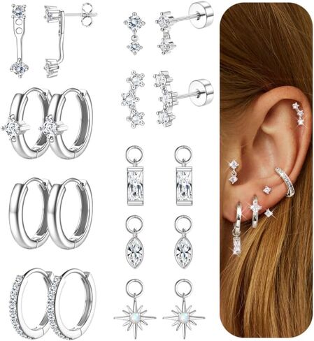 FUNRUN JEWELRY أقراط غضروف جراحية من الفولاذ المقاوم للصدأ مطلية بالذهب عيار 14 قيراط، أقراط خلفية مسطحة مضادة للحساسية للنساء، مجموعات أقراط صغيرة عصرية ومكدسات حلقية من أجل مجوهرات ثقب اللولب الزنمة in Saudi Arabia