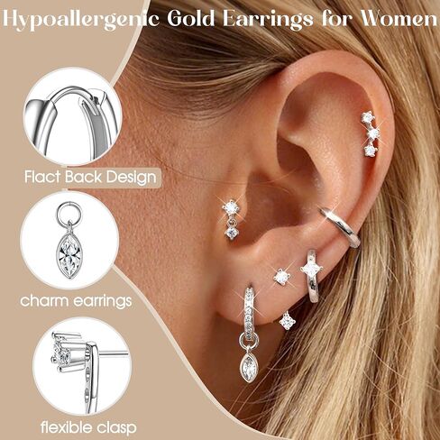 FUNRUN JEWELRY أقراط غضروف جراحية من الفولاذ المقاوم للصدأ مطلية بالذهب عيار 14 قيراط، أقراط خلفية مسطحة مضادة للحساسية للنساء، مجموعات أقراط صغيرة عصرية ومكدسات حلقية من أجل مجوهرات ثقب اللولب الزنمة in Saudi Arabia