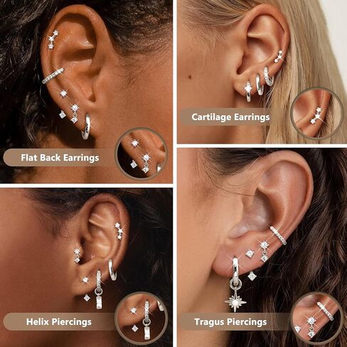 FUNRUN JEWELRY أقراط غضروف جراحية من الفولاذ المقاوم للصدأ مطلية بالذهب عيار 14 قيراط، أقراط خلفية مسطحة مضادة للحساسية للنساء، مجموعات أقراط صغيرة عصرية ومكدسات حلقية من أجل مجوهرات ثقب اللولب الزنمة in Saudi Arabia