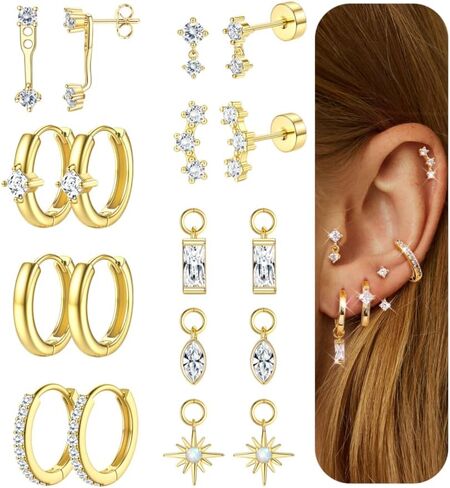 FUNRUN JEWELRY أقراط غضروف جراحية من الفولاذ المقاوم للصدأ مطلية بالذهب عيار 14 قيراط، أقراط خلفية مسطحة مضادة للحساسية للنساء، مجموعات أقراط صغيرة عصرية ومكدسات حلقية من أجل مجوهرات ثقب اللولب الزنمة in Saudi Arabia