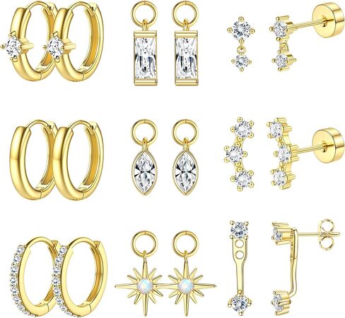 FUNRUN JEWELRY أقراط غضروف جراحية من الفولاذ المقاوم للصدأ مطلية بالذهب عيار 14 قيراط، أقراط خلفية مسطحة مضادة للحساسية للنساء، مجموعات أقراط صغيرة عصرية ومكدسات حلقية من أجل مجوهرات ثقب اللولب الزنمة in Saudi Arabia