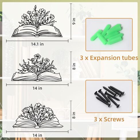 Zzbakress 3 Pcs Book Wall Decor Metal Flower Wall Art, Library Decor Hanging Sculpture, Reading Nook Silhouette Wall Hanging for Home Office Reading Room Teacher Gift​ (Elegant) in Saudi Arabia