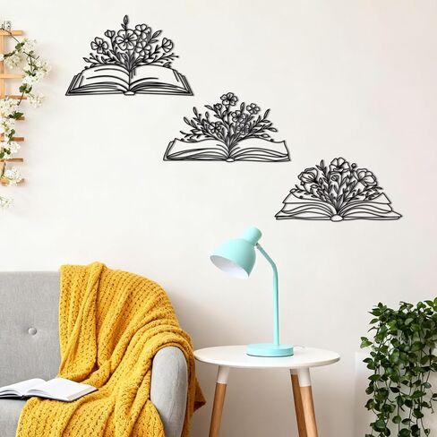 Zzbakress 3 Pcs Book Wall Decor Metal Flower Wall Art, Library Decor Hanging Sculpture, Reading Nook Silhouette Wall Hanging for Home Office Reading Room Teacher Gift​ (Elegant) in Saudi Arabia