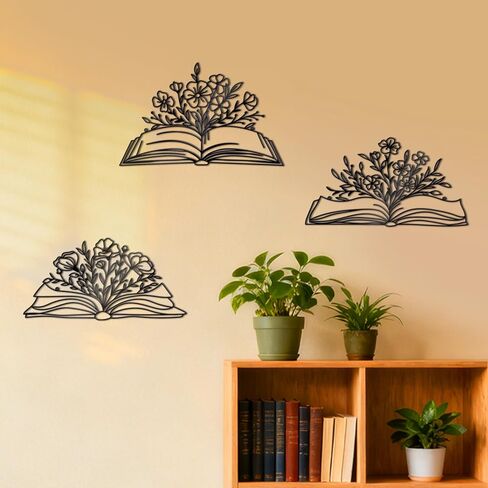 Zzbakress 3 Pcs Book Wall Decor Metal Flower Wall Art, Library Decor Hanging Sculpture, Reading Nook Silhouette Wall Hanging for Home Office Reading Room Teacher Gift​ (Elegant) in Saudi Arabia