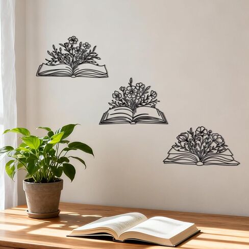 Zzbakress 3 Pcs Book Wall Decor Metal Flower Wall Art, Library Decor Hanging Sculpture, Reading Nook Silhouette Wall Hanging for Home Office Reading Room Teacher Gift​ (Elegant) in Saudi Arabia