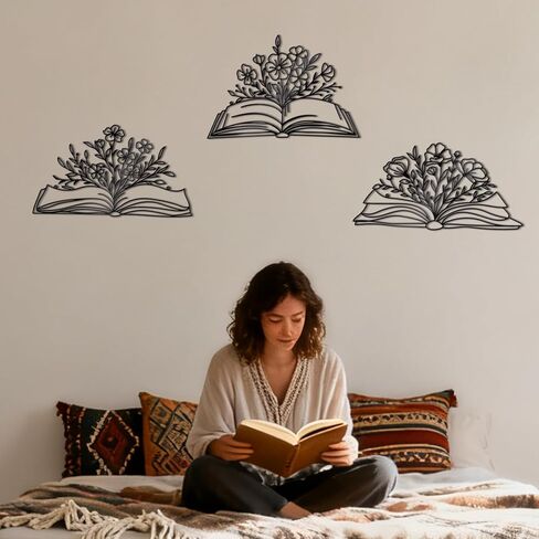 Zzbakress 3 Pcs Book Wall Decor Metal Flower Wall Art, Library Decor Hanging Sculpture, Reading Nook Silhouette Wall Hanging for Home Office Reading Room Teacher Gift​ (Elegant) in Saudi Arabia