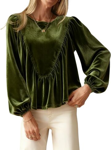 Gozoloma المرأة المخملية Peplum الأعلى كم طويل بيبي دول بلوزة فقاعة كم ألف خط سوينغ قمصان أنيقة in Kuwait