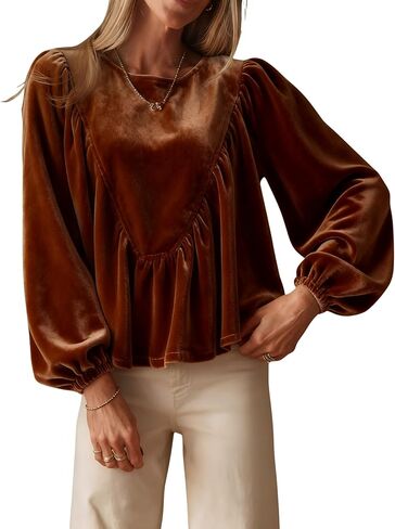 Gozoloma Women's Velvet Peplum Top Long Sleeve Babydoll Blouse Bubble Sleeve A-Line Swing Elegant Shirts in Saudi Arabia