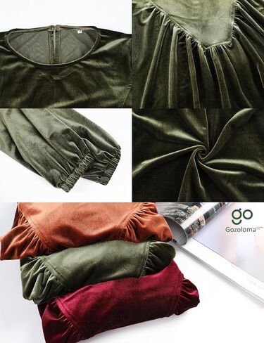 Gozoloma Women's Velvet Peplum Top Long Sleeve Babydoll Blouse Bubble Sleeve A-Line Swing Elegant Shirts in Saudi Arabia