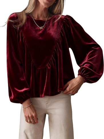Gozoloma Women's Velvet Peplum Top Long Sleeve Babydoll Blouse Bubble Sleeve A-Line Swing Elegant Shirts in Saudi Arabia