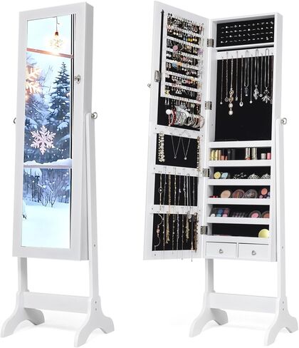 صندوق مجوهرات نافورت بمرآة واقفة، منظم تخزين خزانة المجوهرات بسعة كبيرة، خزانة مجوهرات مرآة خشبية، مرآة تخزين كاملة الطول بـ 4 زوايا قابلة للتعديل مع درجين، أسود in Kuwait