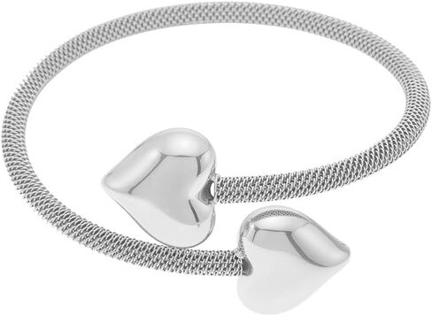 Kokoma Double Heart Bangle Bracelet for Women Stainless Steel Thick Love Hearts Chunky Wrap Cuff Bangles Minimalist Open Mesh Bracelets Fashion Hand Jewelry in Saudi Arabia