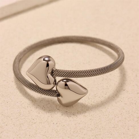 Kokoma Double Heart Bangle Bracelet for Women Stainless Steel Thick Love Hearts Chunky Wrap Cuff Bangles Minimalist Open Mesh Bracelets Fashion Hand Jewelry in Saudi Arabia