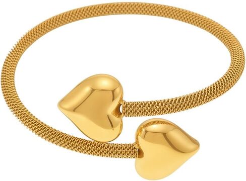 Kokoma Double Heart Bangle Bracelet for Women Stainless Steel Thick Love Hearts Chunky Wrap Cuff Bangles Minimalist Open Mesh Bracelets Fashion Hand Jewelry in Saudi Arabia
