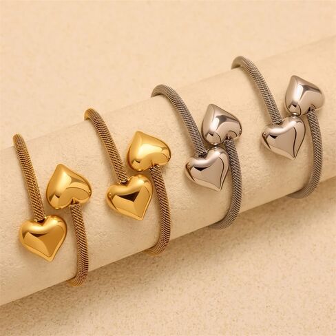 Kokoma Double Heart Bangle Bracelet for Women Stainless Steel Thick Love Hearts Chunky Wrap Cuff Bangles Minimalist Open Mesh Bracelets Fashion Hand Jewelry in Saudi Arabia