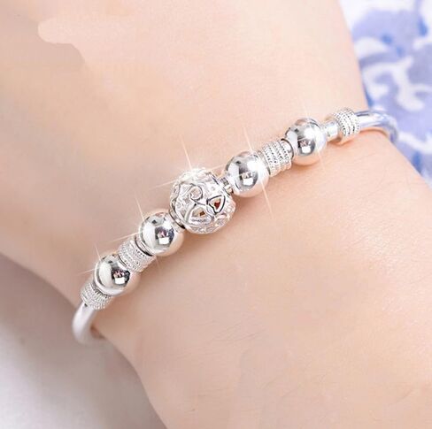 Lucky Bead Slider Bracelet for Women - Sterling Silver Plated Adjustable Bangle, Lantern Charm Fashion Jewelry, Valentine'sGift for Her in Saudi Arabia