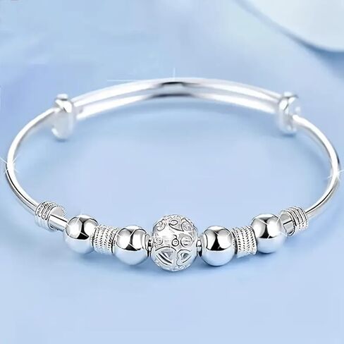 Lucky Bead Slider Bracelet for Women - Sterling Silver Plated Adjustable Bangle, Lantern Charm Fashion Jewelry, Valentine'sGift for Her in Saudi Arabia