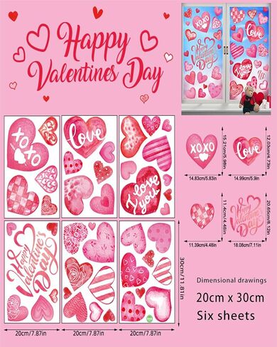 6 Pcs Valentine's Day Window Clings, Love Heart Stickers, Double-Sided Heart-Shaped Window Decals, Perfect for Wedding, Anniversary, Party, and Home Decoration in Saudi Arabia