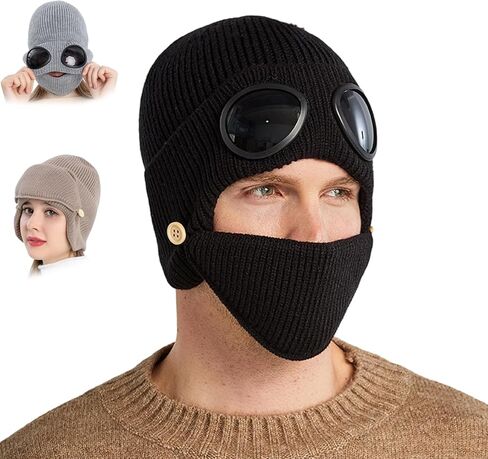 3 in 1 Unisex Knitted Goggles Beanie, 2026 Upgraded Beanie with Goggles with Ear Cover & Detachable Mask in Saudi Arabia