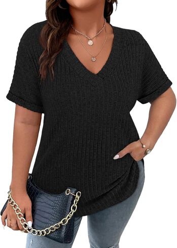 Cucuchy Style Womens Plus Size Tops Casual V Neck Shirts Short Sleeve Solid Color Blouses in Saudi Arabia