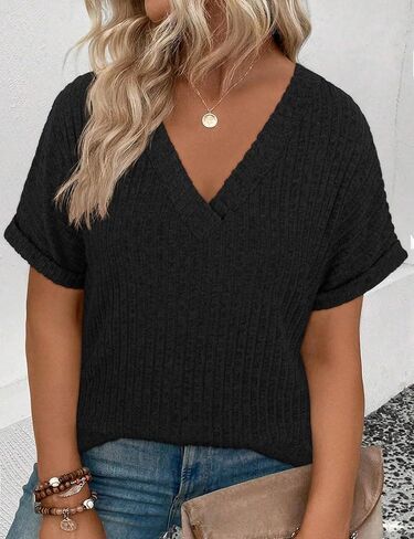 Cucuchy Style Womens Plus Size Tops Casual V Neck Shirts Short Sleeve Solid Color Blouses in Saudi Arabia
