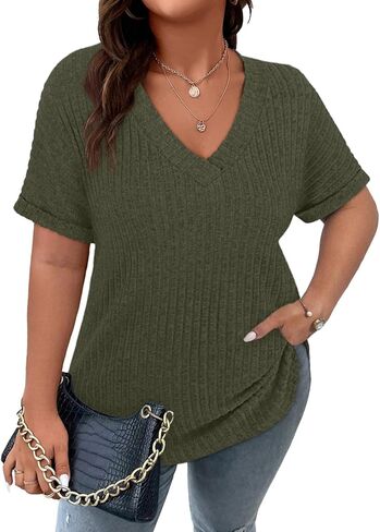 Cucuchy Style Womens Plus Size Tops Casual V Neck Shirts Short Sleeve Solid Color Blouses in Saudi Arabia