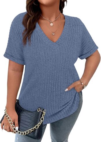 Cucuchy Style Womens Plus Size Tops Casual V Neck Shirts Short Sleeve Solid Color Blouses in Saudi Arabia