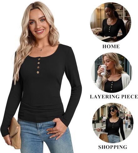HOTGIFT Womens Shirts Long Sleeve Henley Shapewear Tops Ribbed Knit Tunic Base Layers Slim Fit Button Down in Saudi Arabia