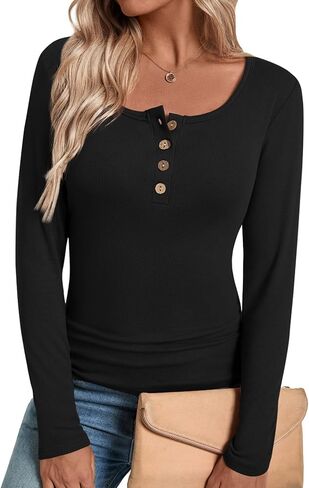 HOTGIFT Womens Shirts Long Sleeve Henley Shapewear Tops Ribbed Knit Tunic Base Layers Slim Fit Button Down in Saudi Arabia