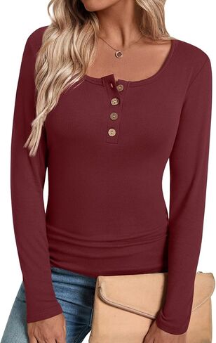 HOTGIFT Womens Shirts Long Sleeve Henley Shapewear Tops Ribbed Knit Tunic Base Layers Slim Fit Button Down in Saudi Arabia
