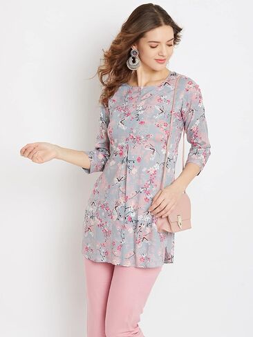 Tissu Women's Rayon Grey & Pink Floral Printed Kurti in Saudi Arabia