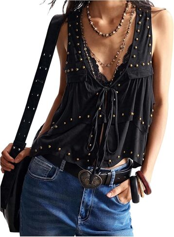 SHENHE Women's Summer Casual Tank Top Studded Sleeveless Tie Front Ruffle Tiered Vest Crop Tops in Saudi Arabia