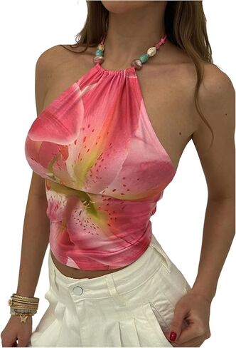 MakeMeChic Women's Floral Halter Tops Open Back Beaded Sleeveless Crop Summer Tank Tops in Saudi Arabia
