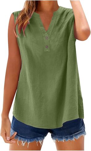 bawilom Womens Cotton Linen Tank Tops Summer Cute Comfy Beach Sleeveless Shirts Button V Neck Shirts Casual Tees Vests in Saudi Arabia