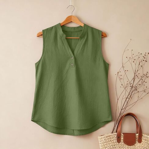 bawilom Womens Cotton Linen Tank Tops Summer Cute Comfy Beach Sleeveless Shirts Button V Neck Shirts Casual Tees Vests in Saudi Arabia