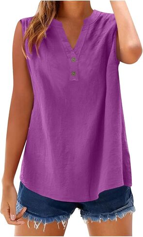 bawilom Womens Cotton Linen Tank Tops Summer Cute Comfy Beach Sleeveless Shirts Button V Neck Shirts Casual Tees Vests in Saudi Arabia