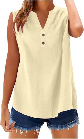 bawilom Womens Cotton Linen Tank Tops Summer Cute Comfy Beach Sleeveless Shirts Button V Neck Shirts Casual Tees Vests in Saudi Arabia