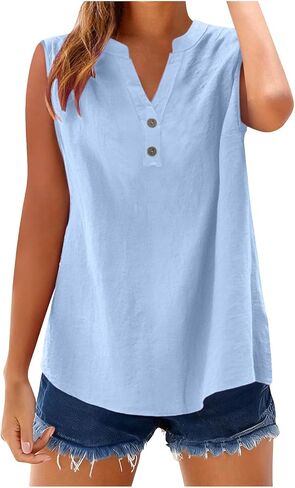 bawilom Womens Cotton Linen Tank Tops Summer Cute Comfy Beach Sleeveless Shirts Button V Neck Shirts Casual Tees Vests in Saudi Arabia
