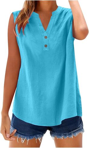 bawilom Womens Cotton Linen Tank Tops Summer Cute Comfy Beach Sleeveless Shirts Button V Neck Shirts Casual Tees Vests in Saudi Arabia