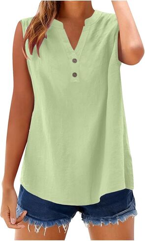 bawilom Womens Cotton Linen Tank Tops Summer Cute Comfy Beach Sleeveless Shirts Button V Neck Shirts Casual Tees Vests in Saudi Arabia