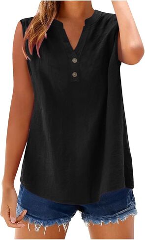 bawilom Womens Cotton Linen Tank Tops Summer Cute Comfy Beach Sleeveless Shirts Button V Neck Shirts Casual Tees Vests in Saudi Arabia