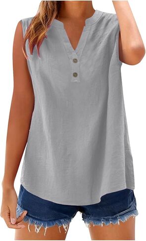 bawilom Womens Cotton Linen Tank Tops Summer Cute Comfy Beach Sleeveless Shirts Button V Neck Shirts Casual Tees Vests in Saudi Arabia