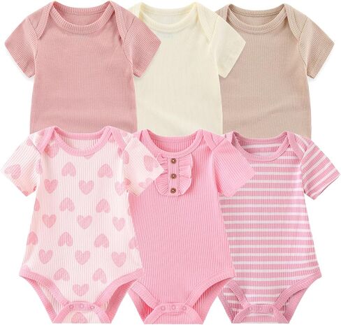 طفل طفل جديد فتاة بودز 6 عبوة ناعمة قصيرة الأكمام مضلعة مجموعات ملابس من قطعة واحدة in Kuwait