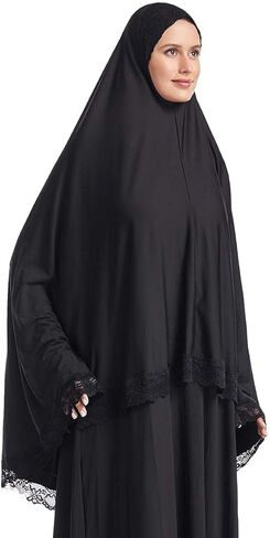 المرأة المسلمة طويلة عمامة سيدة لون نقي الدانتيل تقليم غطاء كامل الحجاب قبعة الإسلامية تنفس غطاء رأس فستان الصلاة in Kuwait
