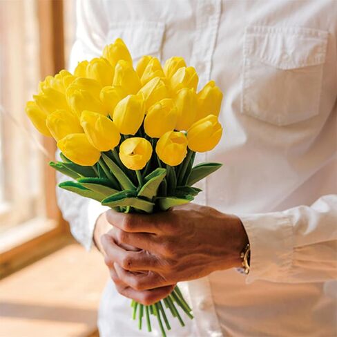 15pcs Artificial Flowers Latex Tulips Real Touch 13" and 5pcs Eucalyptus Leaves for Spring Easter Gifts in Bulk Home Kitchen Wedding Bouquet Decorations Cemetery Table Décor Table Décor (Yellow tulip) in Saudi Arabia