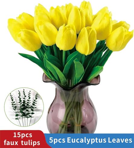 15pcs Artificial Flowers Latex Tulips Real Touch 13" and 5pcs Eucalyptus Leaves for Spring Easter Gifts in Bulk Home Kitchen Wedding Bouquet Decorations Cemetery Table Décor Table Décor (Yellow tulip) in Saudi Arabia