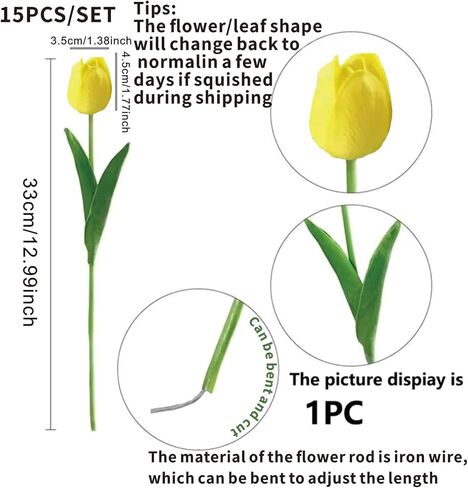 15pcs Artificial Flowers Latex Tulips Real Touch 13" and 5pcs Eucalyptus Leaves for Spring Easter Gifts in Bulk Home Kitchen Wedding Bouquet Decorations Cemetery Table Décor Table Décor (Yellow tulip) in Saudi Arabia