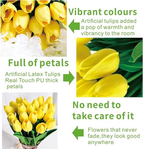15pcs Artificial Flowers Latex Tulips Real Touch 13" and 5pcs Eucalyptus Leaves for Spring Easter Gifts in Bulk Home Kitchen Wedding Bouquet Decorations Cemetery Table Décor Table Décor (Yellow tulip) in Saudi Arabia