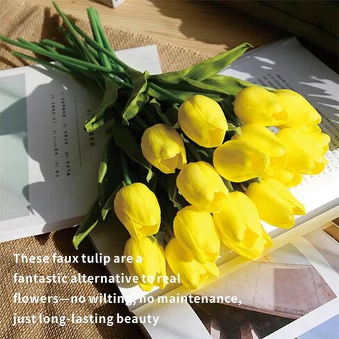 15pcs Artificial Flowers Latex Tulips Real Touch 13" and 5pcs Eucalyptus Leaves for Spring Easter Gifts in Bulk Home Kitchen Wedding Bouquet Decorations Cemetery Table Décor Table Décor (Yellow tulip) in Saudi Arabia
